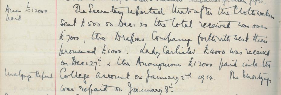  Image 9:  The College mortgage was paid off on 8 January 1914, from the College Council minutes, 3 Feb 1914 (archive reference: GCGB 2/1/20pt).