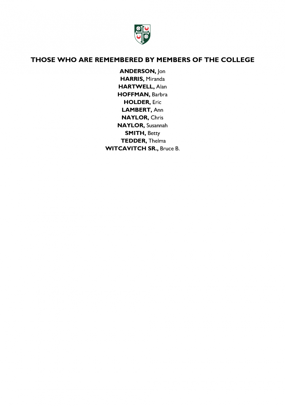 A list of those who are remembered by members of the College