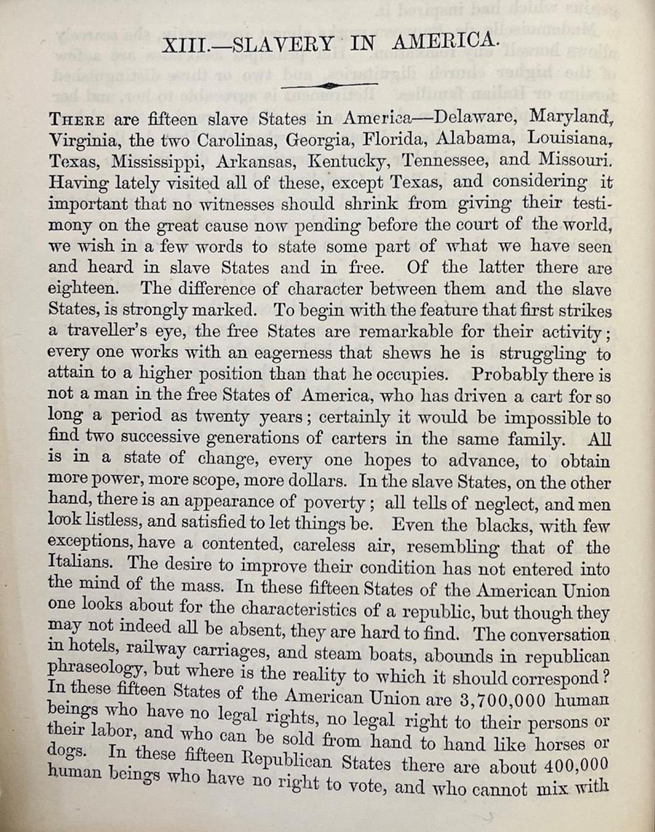 First page of ‘Slavery in America’, an article by Barbara Bodichon which appeared in The English Woman’s Journal, Volume II, October 1888 (special collections reference: BodichonX 087077). 