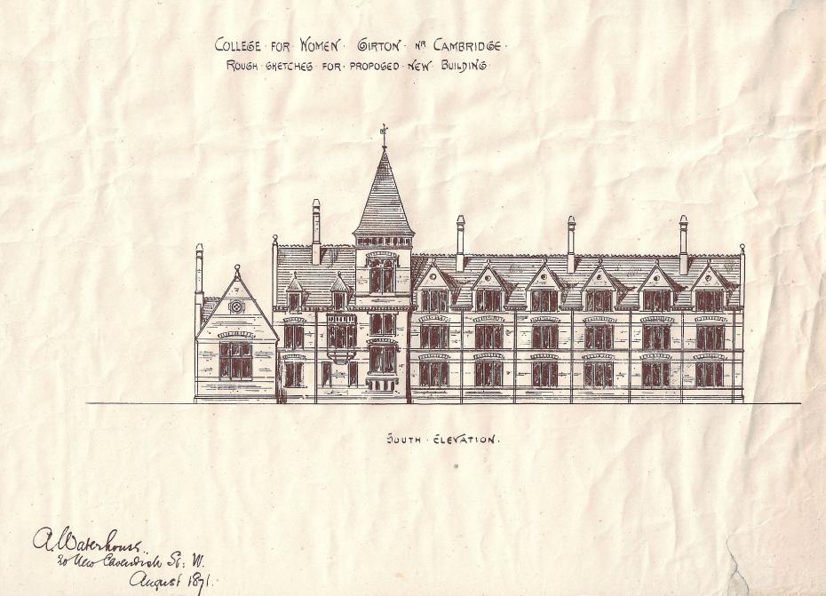 Sketch of the south elevation of Old Wing, signed by Alfred Waterhouse, August 1871 (archive reference: GCAR 2/3a/1/6/1/1pt).