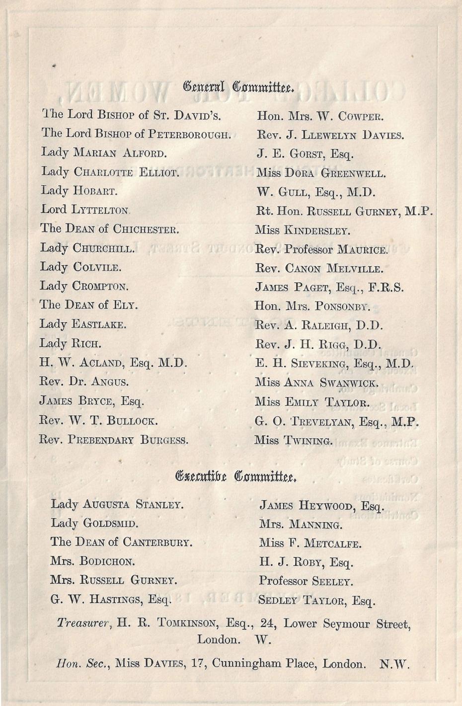 List of members of the General Committee and the Executive Committee, from the College [Annual] Report, November 1869 (archive reference: GCCP 1/1/1pt).
