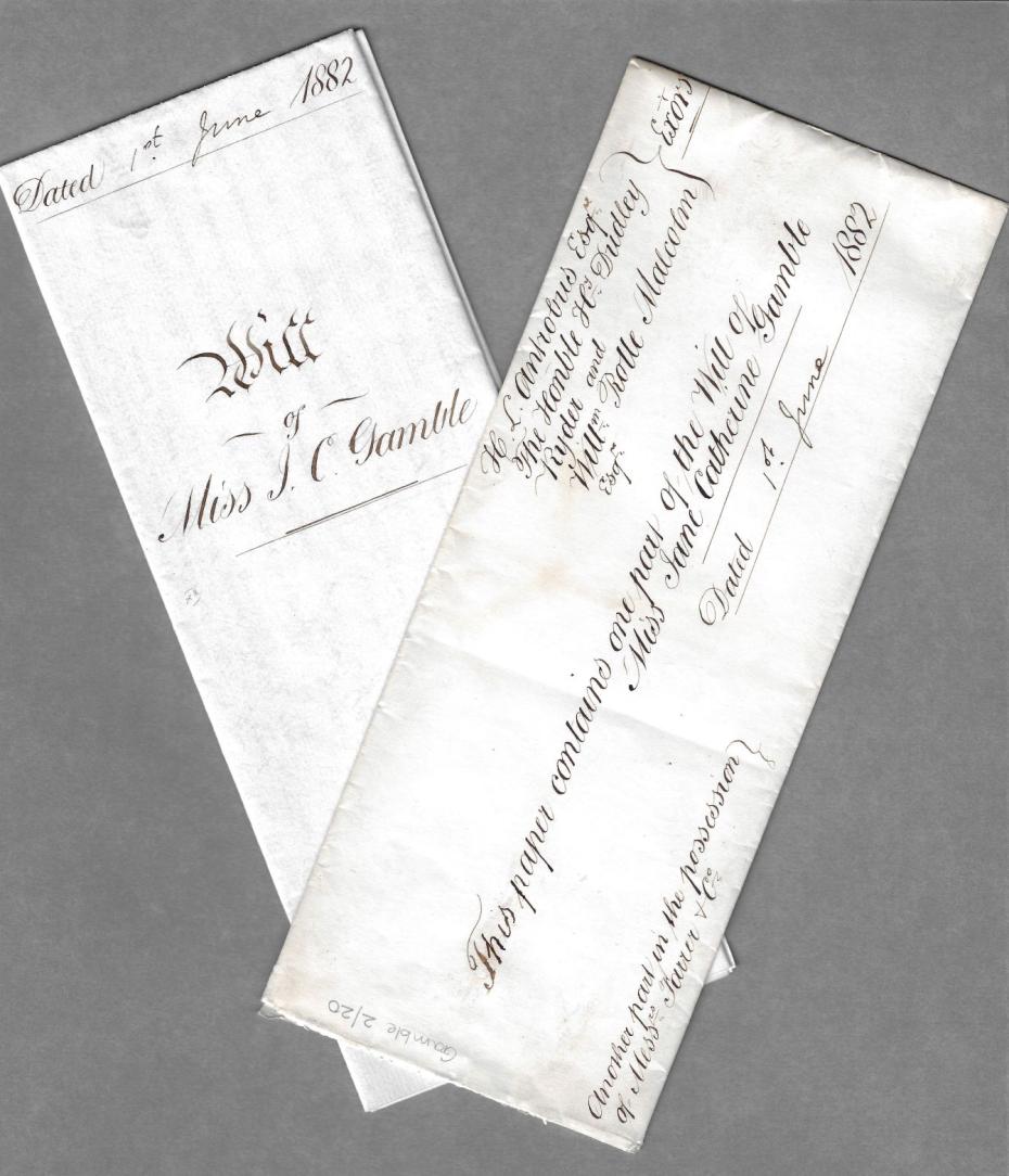 Jane Catherine Gamble’s will and the envelope it came in, 1882 (archive reference: GCPP Gamble 2/20)