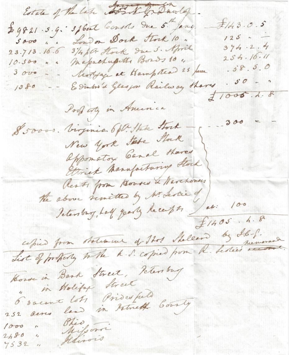 Extract from a note in Jane Catherine Gamble’s hand, listing the Dunlops’ assets in the USA, 1847 (archive ref GCPP Gamble 2/5pt) 