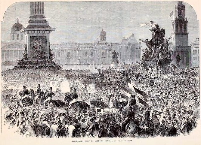 Picture of a crowd of people gathering to greet Garibaldi in London, from The Illustrated London News, 23rd April 1864 (reference The Illustrated London News, no. 1256, p. 397. )