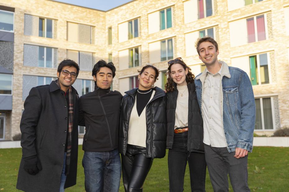 Group shot of 5 postgraduate students at Swirles Court