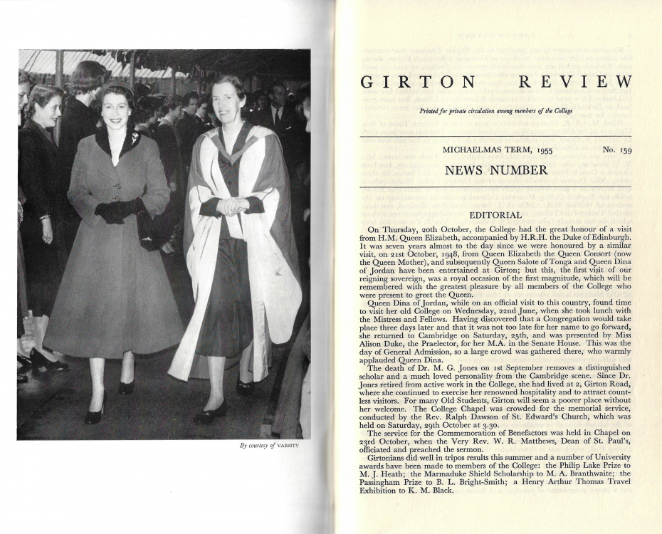Extract of article referencing the royal visit and a photograph of H.M. Queen Elizabeth with the then Mistress, Dame Mary Cartwright (by courtesy of Varsity) published in Girton Review, Michaelmas Term 1955.