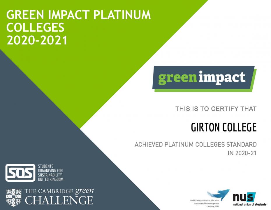 Green Impact Platinum Certificate 2020-21for Girton College