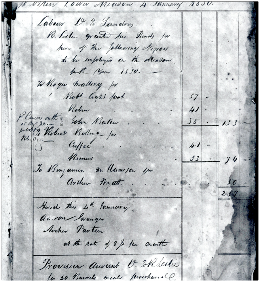 Ledger entry showing payments made for workers ‘hired’ from other plantations, written by William Henderson, 4 January 1830. The Roslin Estate Papers, Library of Virginia (LVA), Accession 23873, part 1. 