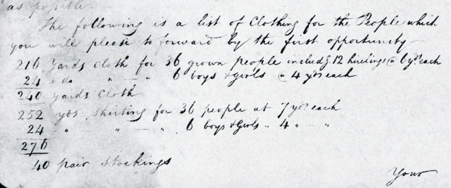 List of clothing for the enslaved population of Roslin, sent by William McKean to James Dunlop, 17 July 1810. The Roslin Estate Papers, Library of Virginia (LVA), Accession 23873, part 2.