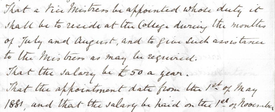 Extract from the Executive Council minutes where it was agreed to appoint the first Vice-Mistress, 4 February 1881 (archive reference: GCGB 2/1/6 pt).