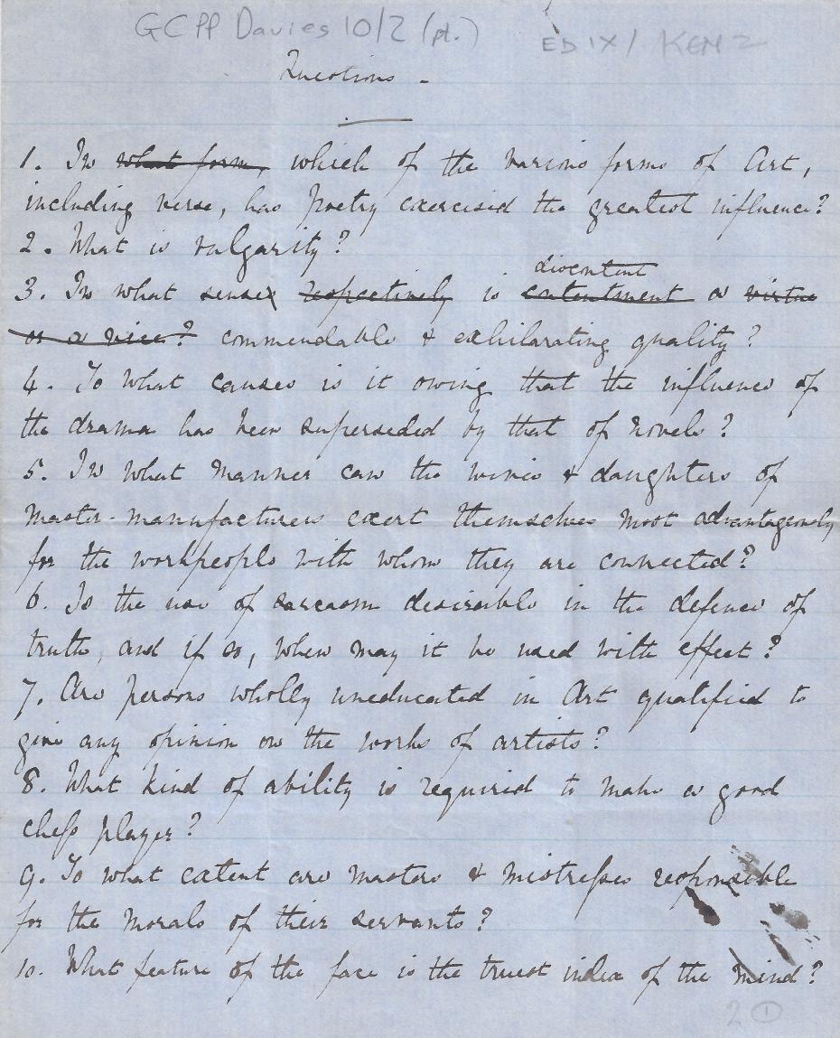 List of questions for discussion in the Kensington Society, not dated (archive reference: GCPP Davies 10/2pt).