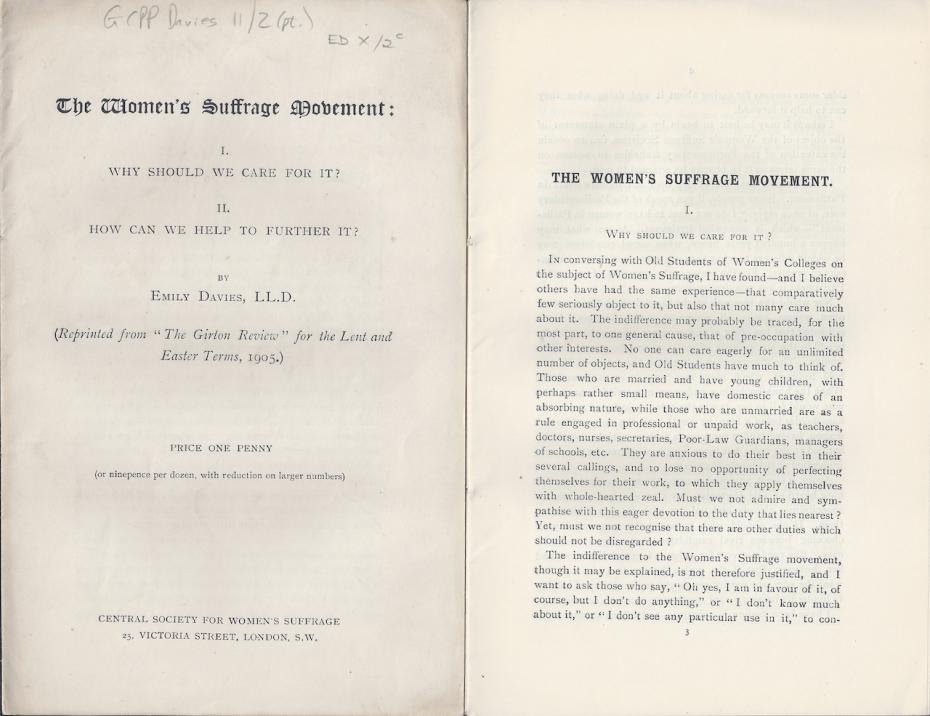 ‘The Women’s suffrage movement: why should we care for it and how can we help further it?’ by Emily Davies. Reprinted from the Girton Review for the Lent and Easter Terms, 1905 (archive reference: GCPP Davies 11/2).