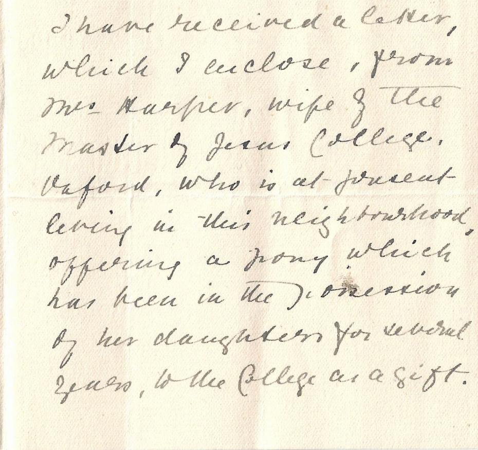 Extract of a letter from Elizabeth Welsh to Miss Kensington, reporting the gift of a pony, 24 September 1894 (archive reference: GCAR 1/6/4/4/pt). 