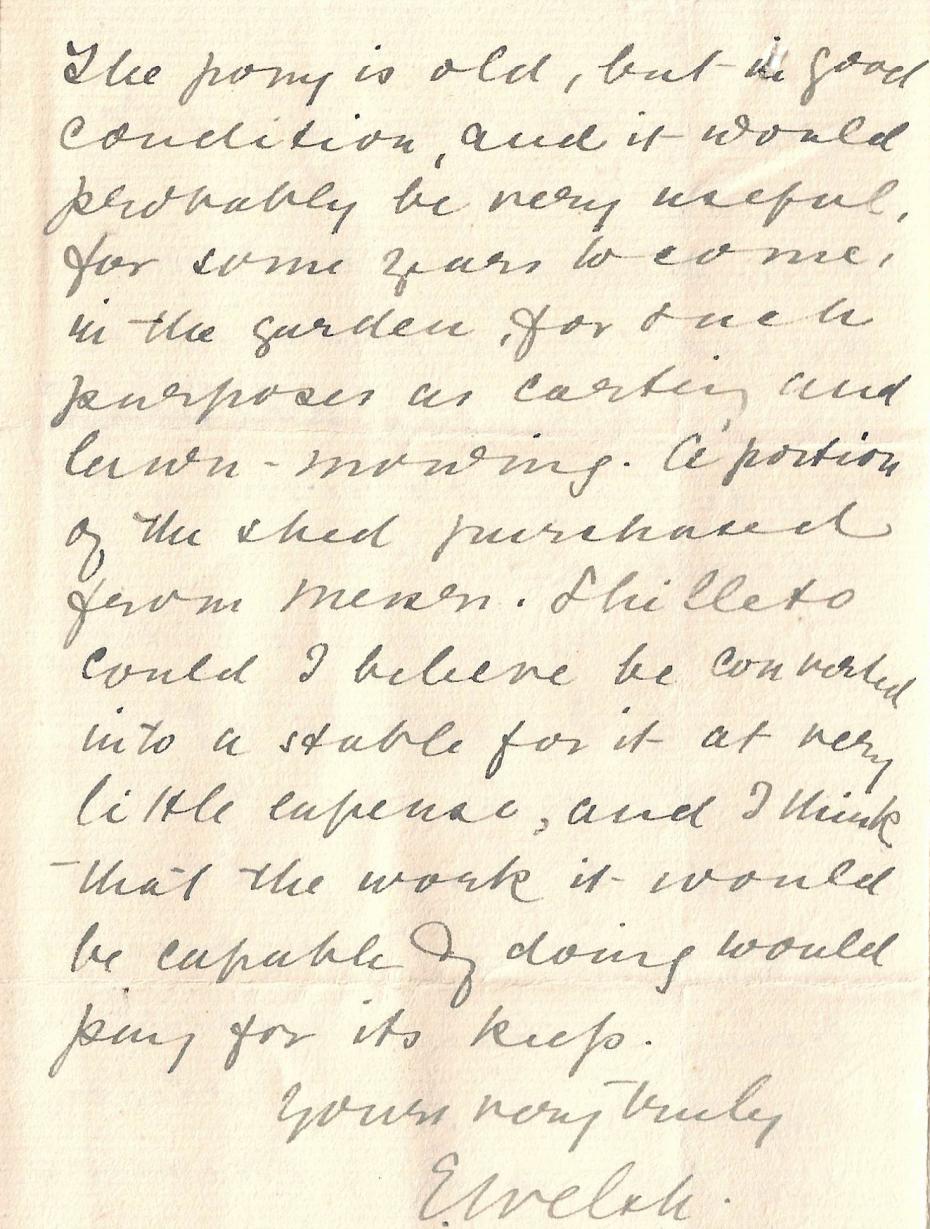 Extract of a letter from Elizabeth Welsh to Miss Kensington, reporting the gift of a pony, 24 September 1894 (archive reference: GCAR 1/6/4/4/pt). 