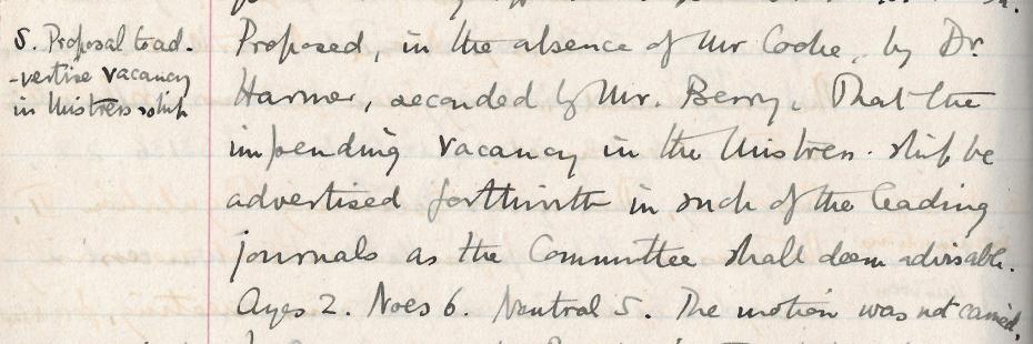 The decision not to advertise the post of Mistress, from the Executive Council minutes, 13 January 1903 (archive reference: GCGB 2/1/16pt).