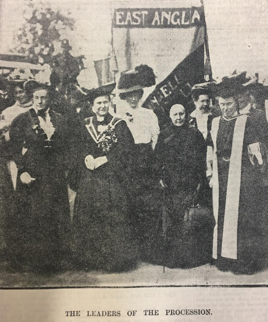A picture from the Manchester Guardian, 15 June 1908, showing 78-year-old Emily Davies (second from the right) as one of the ‘leaders of the procession’ that marched in London two days earlier in support of women’s suffrage (reference: Newspaper Collection, West Room, Cambridge University Library).