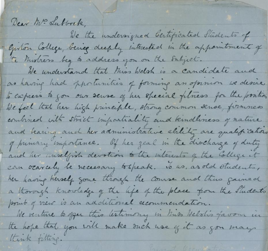Petition in support of Elizabeth Welsh as Mistress signed by some of the old students, circa 1885 (archive reference: GCGB 1/6/2).