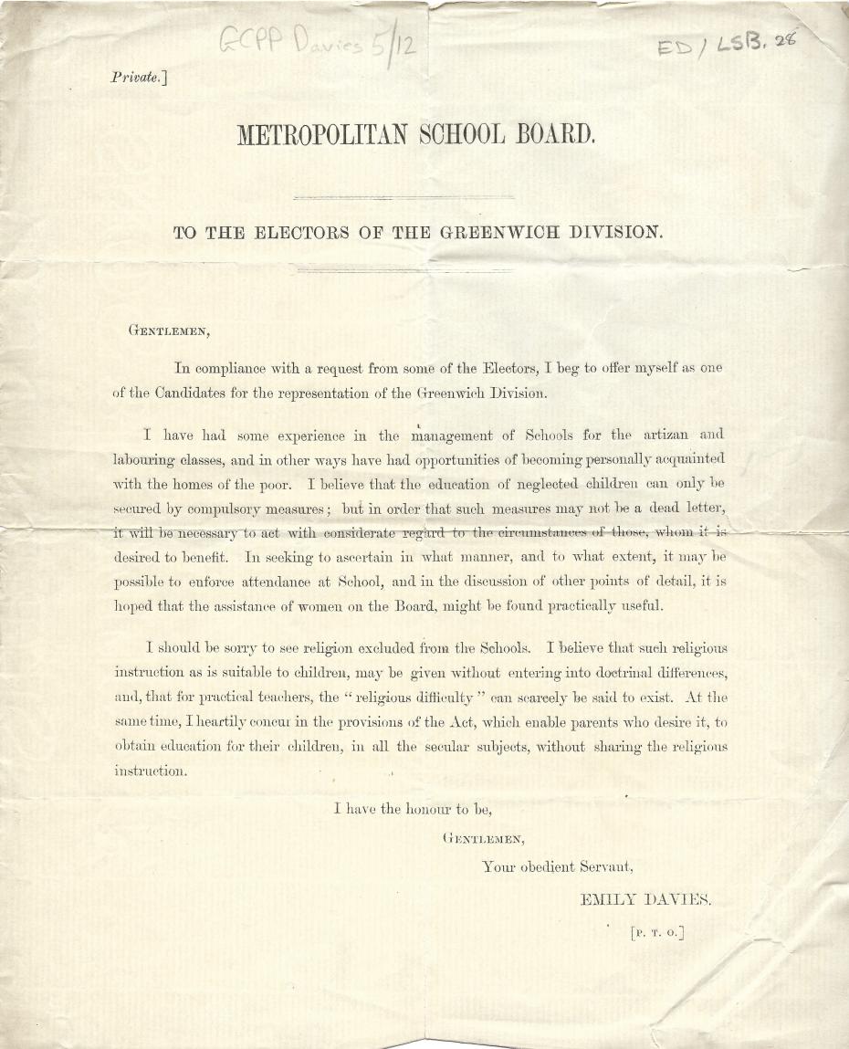 Caption: Circular letter from Emily Davies to the Electors of the Greenwich Division, Metropolitan School Board, November 1870 (archive reference: GCPP Davies 5/12).