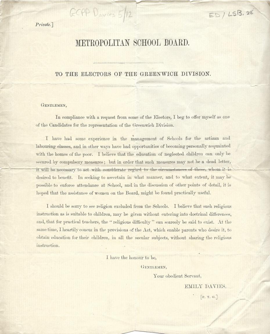 Caption: Circular letter from Emily Davies to the Electors of the Greenwich Division, Metropolitan School Board, November 1870 (archive reference: GCPP Davies 5/12).