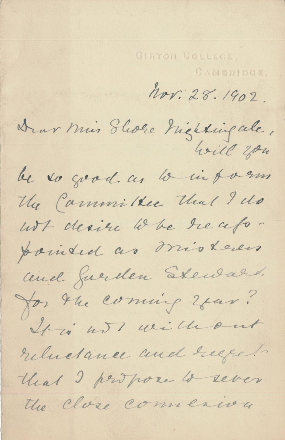 Elizabeth Welsh’s letter of resignation, 1902 (archive reference: GCGB 2/5/6/1/3pt).