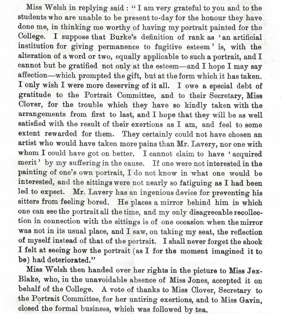 Elizabeth Welsh’s acceptance of her portrait, reported in the Girton Review, October 1904 (archive reference: GCCP 2/1/1pt).