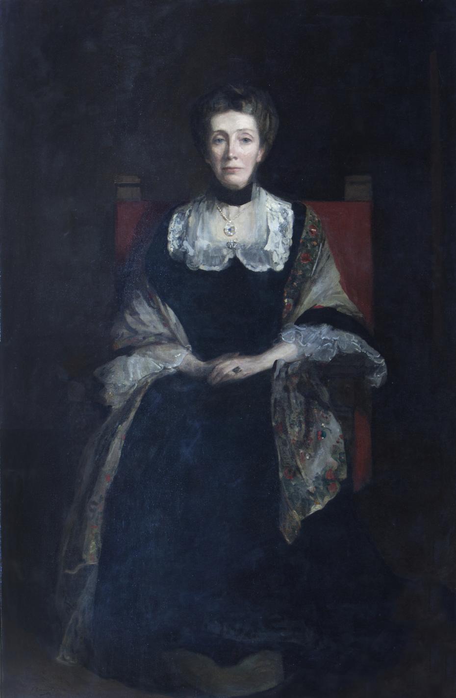 Portrait of Elizabeth Welsh by Sir John Lavery, 1904 (archive reference: GCPH 11/33/50). This portrait was displayed at the Exhibition of the International Society of Sculptors, Painters and Gravers in London, 1905, and then at the Salon of the Société Nationale des Beaux Arts in Paris, 1905, before coming to the College. It was generally admired at both exhibitions. 