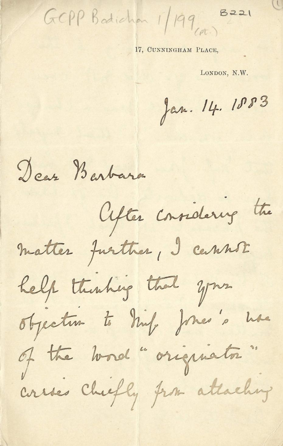 Part of a letter from Emily to Barbara Bodichon, regarding the issue of Emily being called the ‘originator’ of the College, 14 January 1883 (archive (archive reference: GCPP Bodichon 1/199pt).
