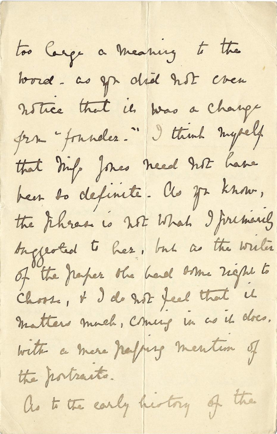 Part of a letter from Emily to Barbara Bodichon, regarding the issue of Emily being called the ‘originator’ of the College, 14 January 1883 (archive (archive reference: GCPP Bodichon 1/199pt).