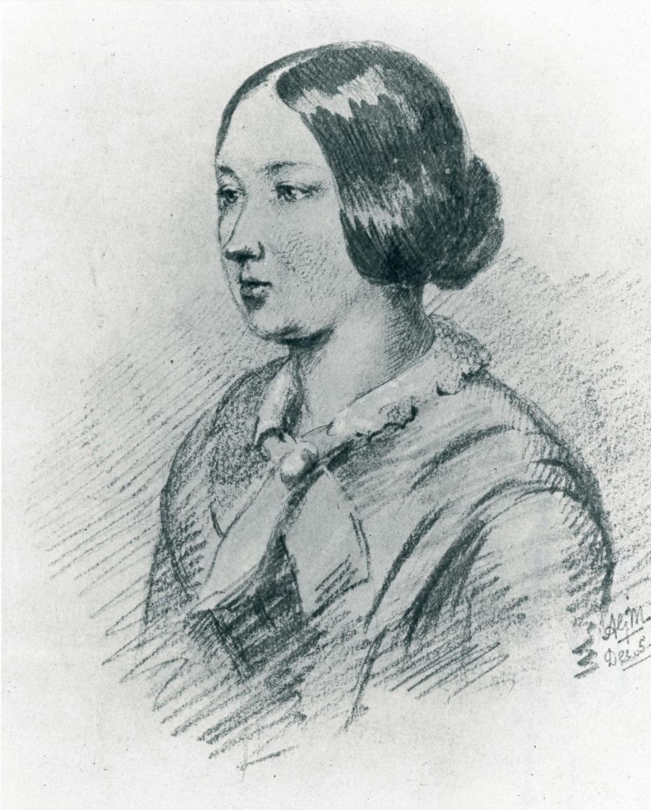 Portrait of Emily Davies in 1851 (aged 21) by Annabella Mason. Annabella and Hannah Mason were family friends and frequent visitors to the Davies home in Gateshead. Emily Davies noted that Annabella, ‘used to take likenesses, and our albums contained sketches of Jane, William and myself.’ (archive reference: GCPH 5/4/8).