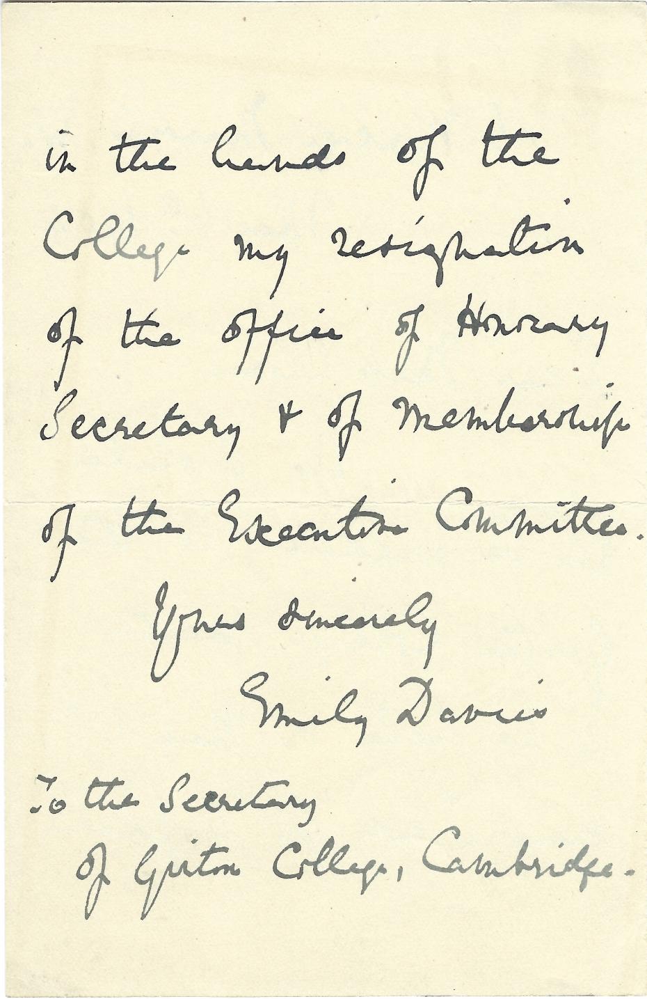 Emily’s letter of resignation addressed to Mary Clover, the Secretary of the College, 6 May 1904 (archive reference: GCAR 2/5/6/1/1pt).