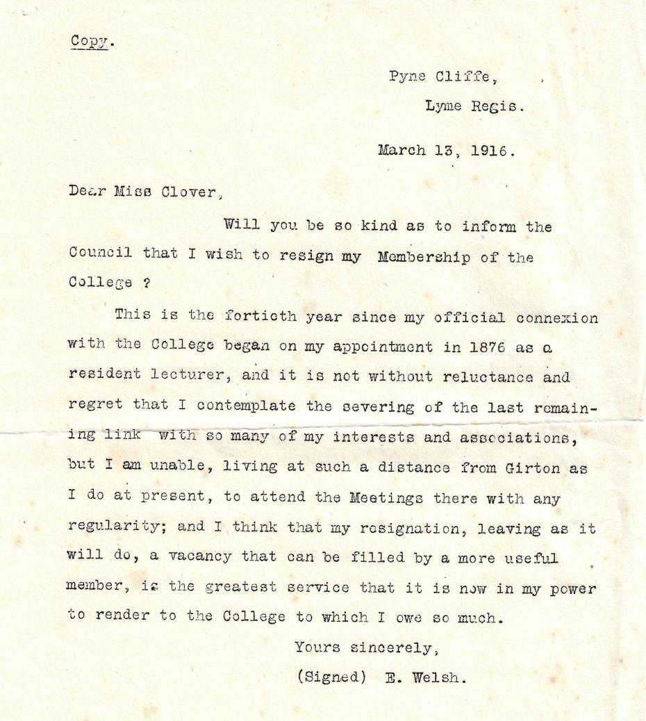 Typed copy of Elizabeth Welsh’s letter of resignation, 1916 (archive reference: GCAR 1/2/6/8pt).