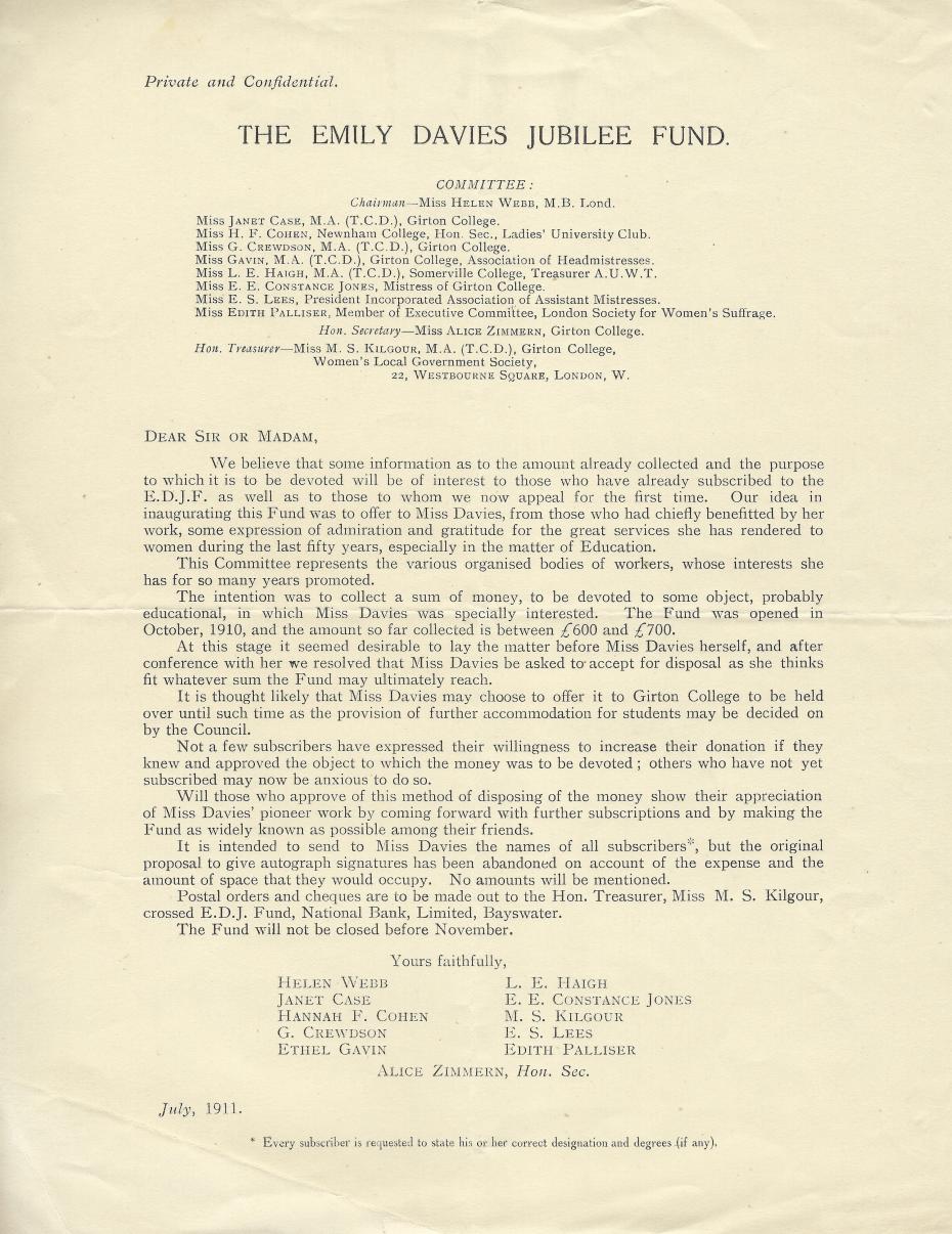 Flyer for the Emily Davies Jubilee Fund, 1911. The flyer suggests the fund would be used for ‘further accommodation for students’, although this had not yet been fully agreed within the College (archive reference: GCAR 2/5/6/1/1pt).