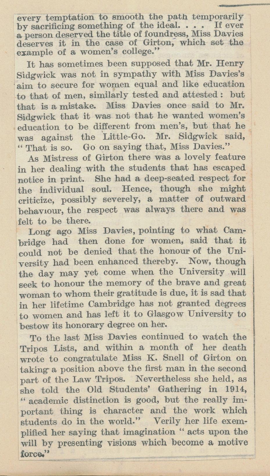 Caption: ‘The work of Miss Emily Davies’, from the Times Literary Supplement, 13 August 1921. This article illustrates Emily’s continuing interest in the College and its achievements right up to her death (archive reference: GCAS 2/6/1pt).