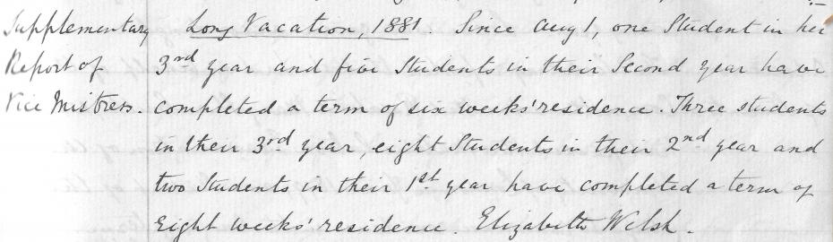 Image 3: Elizabeth Welsh’s supplementary report on the Long Vacation, from the Executive Council minutes, 7 October 1881 (archive reference: GCGB 2/1/7 pt).