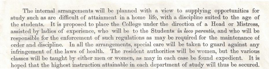 ‘The College will be under the direction of a Head or Mistress...’, from a prospectus for the proposed College for Women, circa 1868 (archive reference: GCPP Davies 15/2/5pt). 
