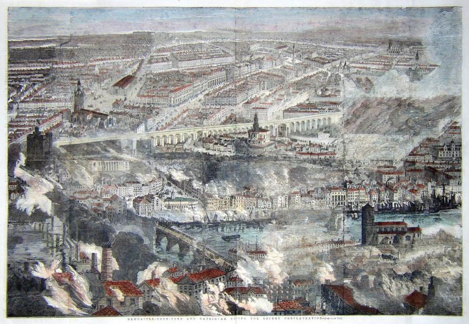 Handcoloured woodblock engraving from the Illustrated London News, 14 October 1854, showing the devastating fire in Newcastle and Gateshead. Emily would have witnessed the destruction and havoc caused by this tragic event, which killed 53 people