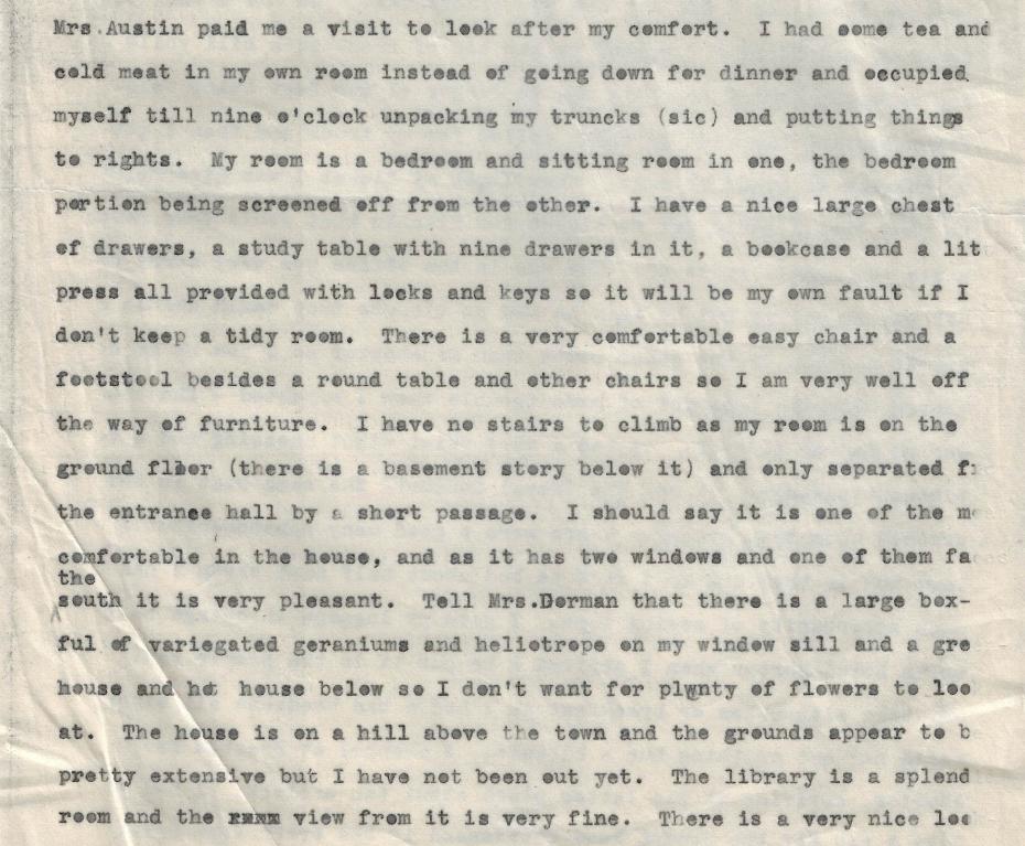 Typed copy of an extract from a letter from Elizabeth to her mother, describing her room at Benslow House, Hitchin, 1871 (archive reference: GCAR 1/6/2/2pt).