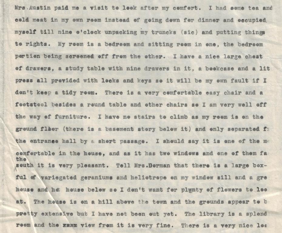 Typed copy of an extract from a letter from Elizabeth to her mother, describing her room at Benslow House, Hitchin, 1871 (archive reference: GCAR 1/6/2/2pt).