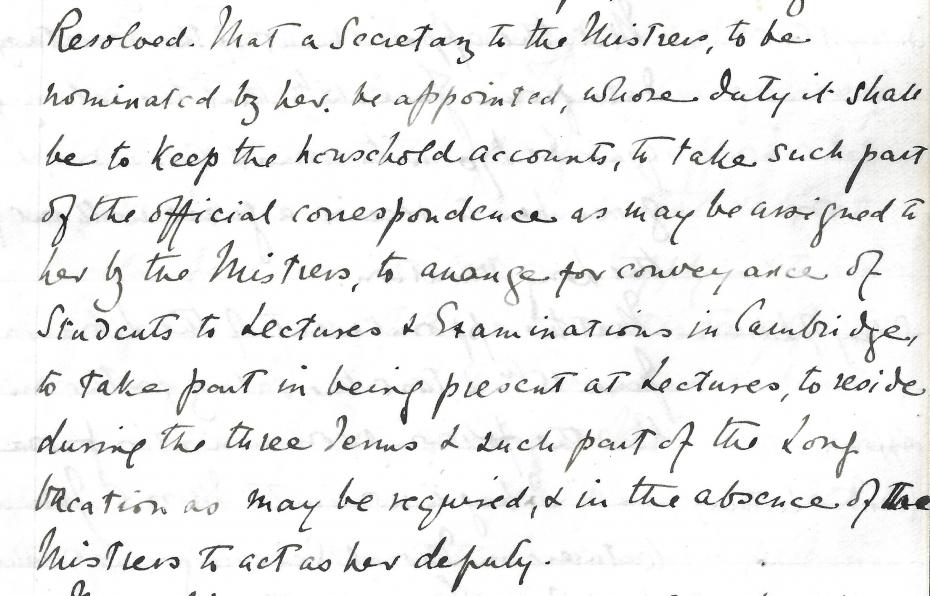 Image 5: The duties of the Secretary to the Mistress, from the Executive Committee minutes, 15 May 1885 (archive reference: GCGB 2/9 pt).