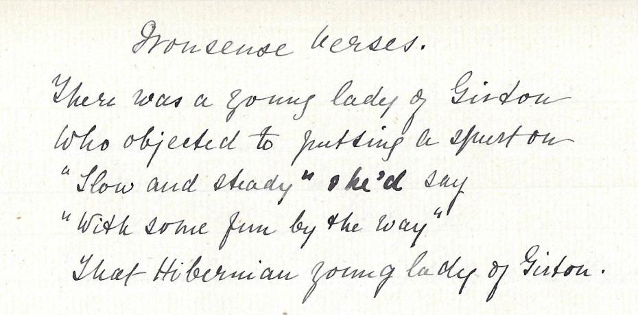 Nonsense verse by Elizabeth Welsh, not dated (archive reference: GCRF 7/1/3pt).