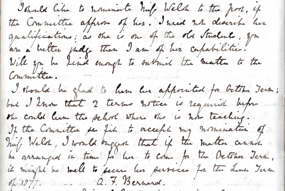 Miss Bernard recommends Elizabeth Welsh to be appointed as the College’s Resident Lecturer in Classics, from the Executive Committee minutes, 28 April 1876 (archive reference: GCGB 2/1/4pt).