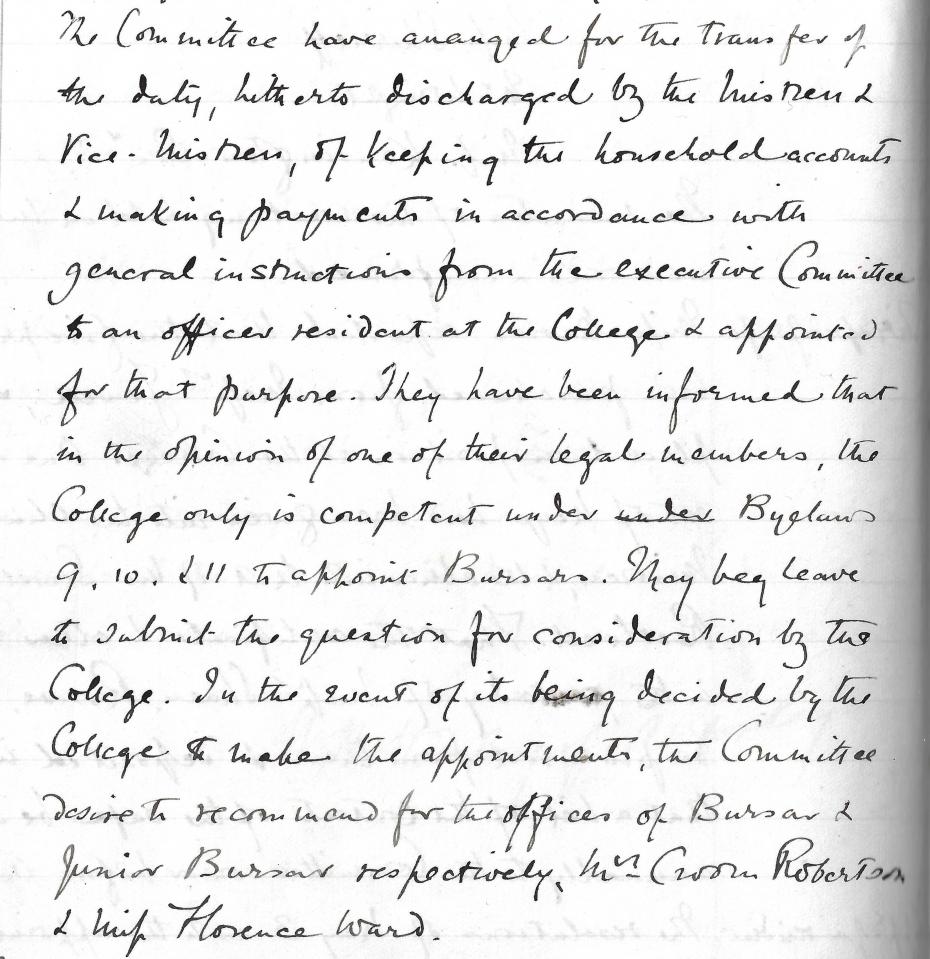 Image 8: The creation of the office of Junior Bursar, from the Executive Committee minutes, 24 May 1889 (archive reference: GCGB 2/1/11 pt).