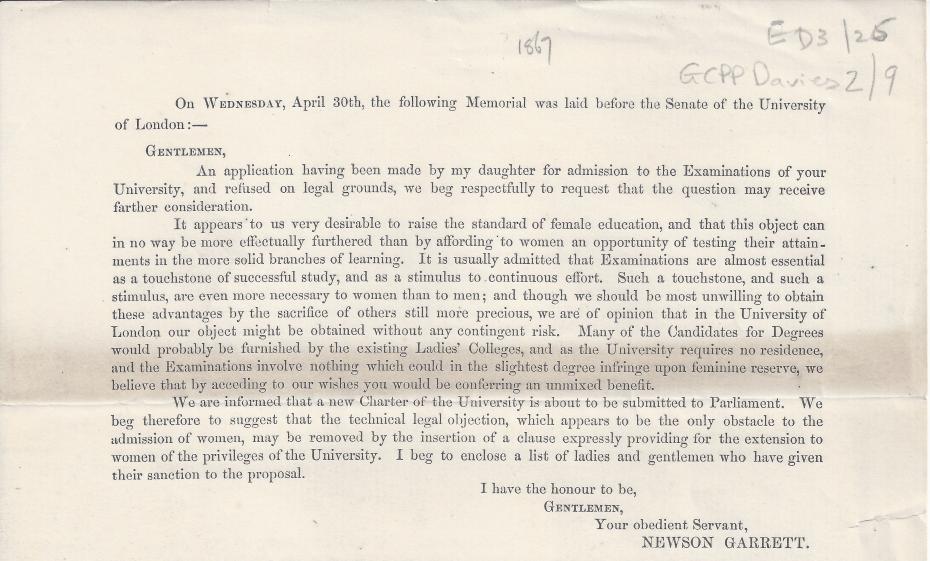 Memorial laid before the Senate of the University of London on 30 April 1862 by Newson Garrett (archive reference: GCPP Davies 2/9).