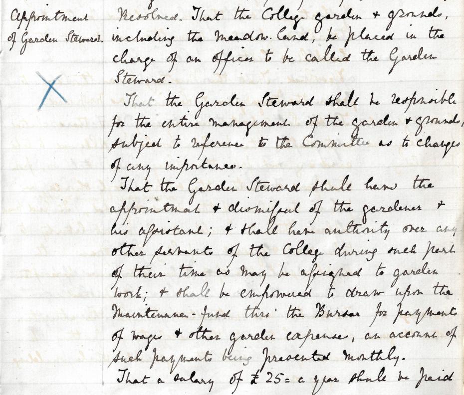 Duties of the Garden Steward and Elizabeth Welsh’s appointment, from the Executive Committee minutes, 2 February 1883 (archive reference: GCGB 2/1/8pt).