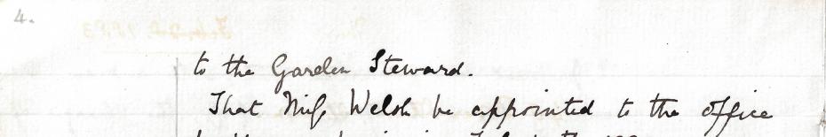 Duties of the Garden Steward and Elizabeth Welsh’s appointment, from the Executive Committee minutes, 2 February 1883 (archive reference: GCGB 2/1/8pt).