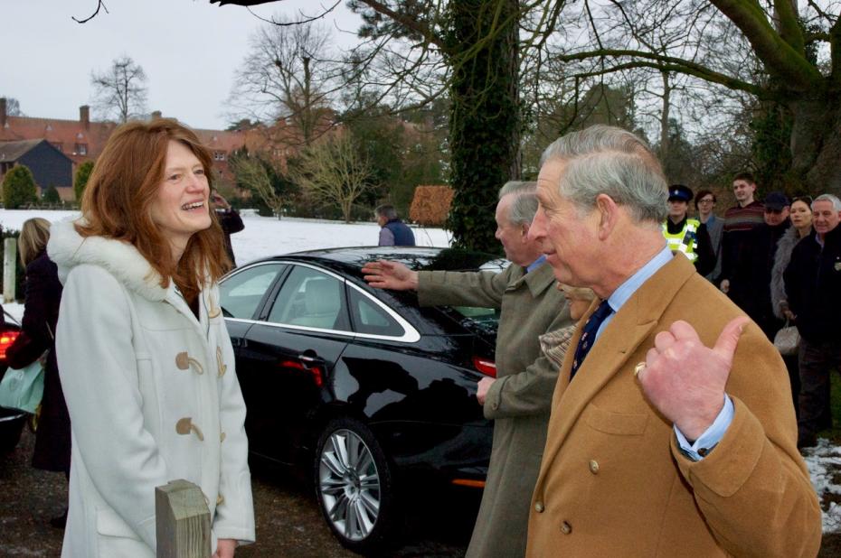 The Mistress of Girton, Professor Susan J. Smith, welcoming the Prince of Wales, now King Charles III, and the Duchess of Cornwall, when their helicopter landed in Crewsdon field, Girton College (February 2012). Photograph credit: Jeremy West.