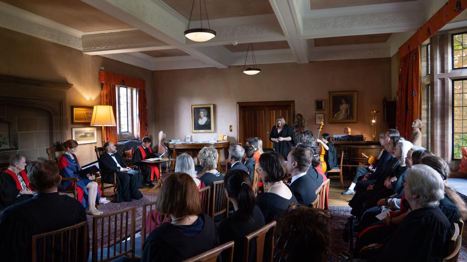 Chiara Falls performing with Dr Martin Ennis during the ceremony of admission for the Honorary Fellowship of Professor Neena Modi at Girton College, University of Cambridge