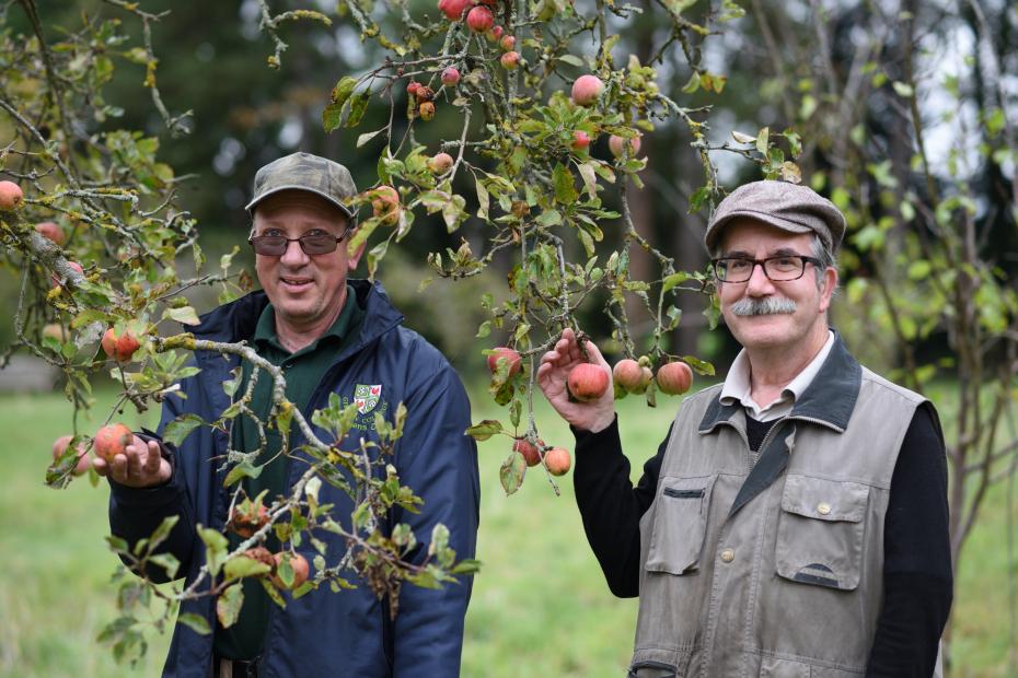 College Gardeners holding apples from the College Orchard