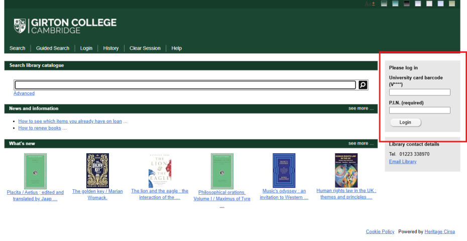 The Heritage search page, with a red box highlighting the area on the right where you can log in.