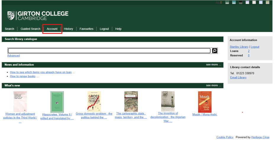 The Heritage search page, now with a reader logged in. The Account tab in the toolbar is marked in red.
